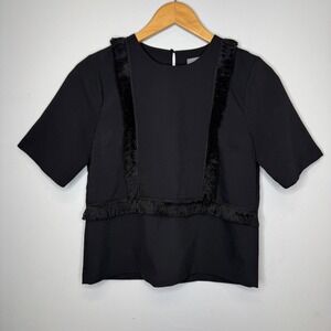 Vanessa Virginia Anthropologie Black Fringe Short Sleeve Blouse Top Women XS